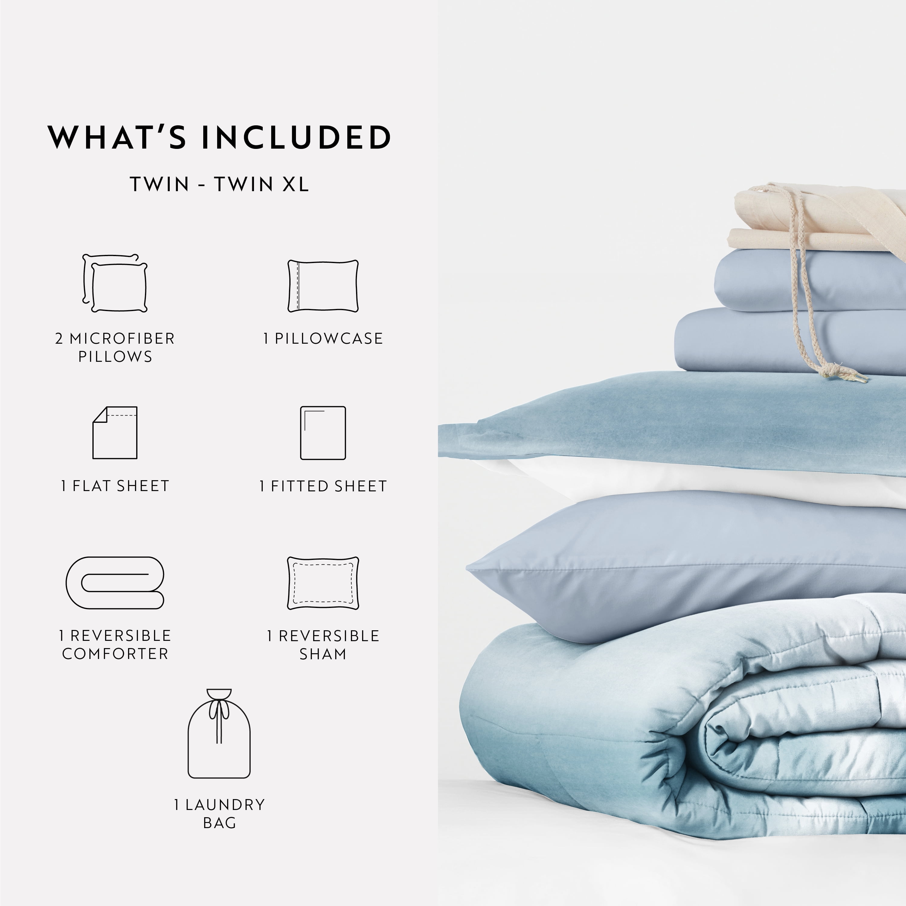 Noble Linens 8 Piece Dorm Bedding Bundle, Comforter & Sheet Set, Pillows, Laundry Bag
