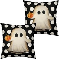 Halloween Pillow Covers 16x16 Ghost with Pumpkin Throw Pillow Covers White Polka Dot Black Cushion Case for Halloween Decorations Living Room Sofa Outdoor, 2 Pack