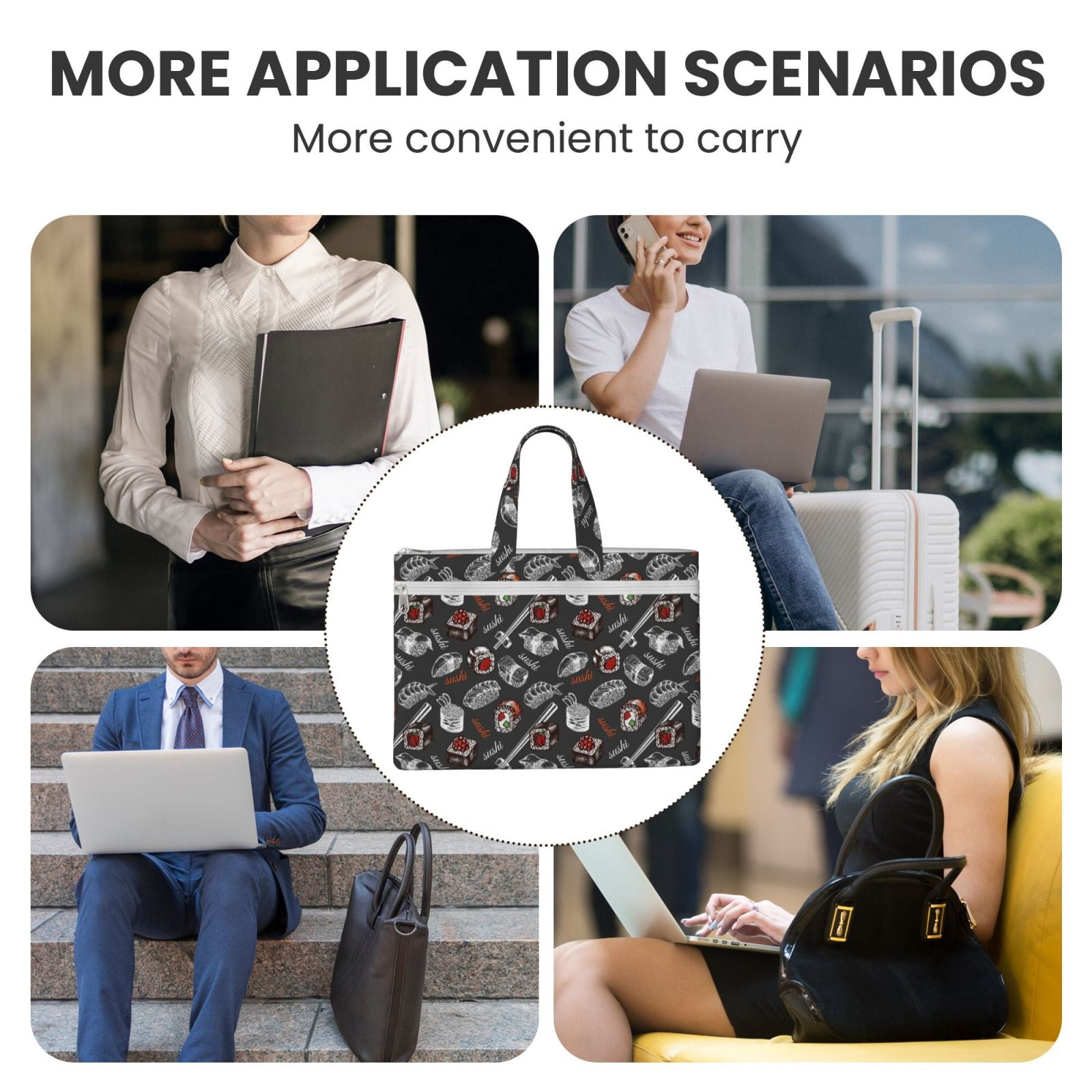 Kdxio Japanese Sushi Hashi File Tote Document Bag Business Briefcase Bag Document Organizer Tote Briefcase for Letter A4 Files Business Teacher Office Bag
