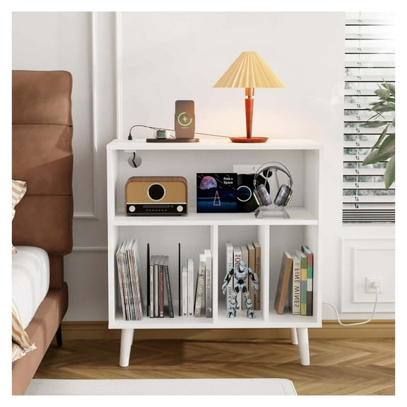 Wqmh Record Player Stand with Open Vinyl Storage, Mid-Century Album Storage Table with LED Light up to 100 Albums, Vinyl Record Player Shelf with Power Outlet for Living Room,White
