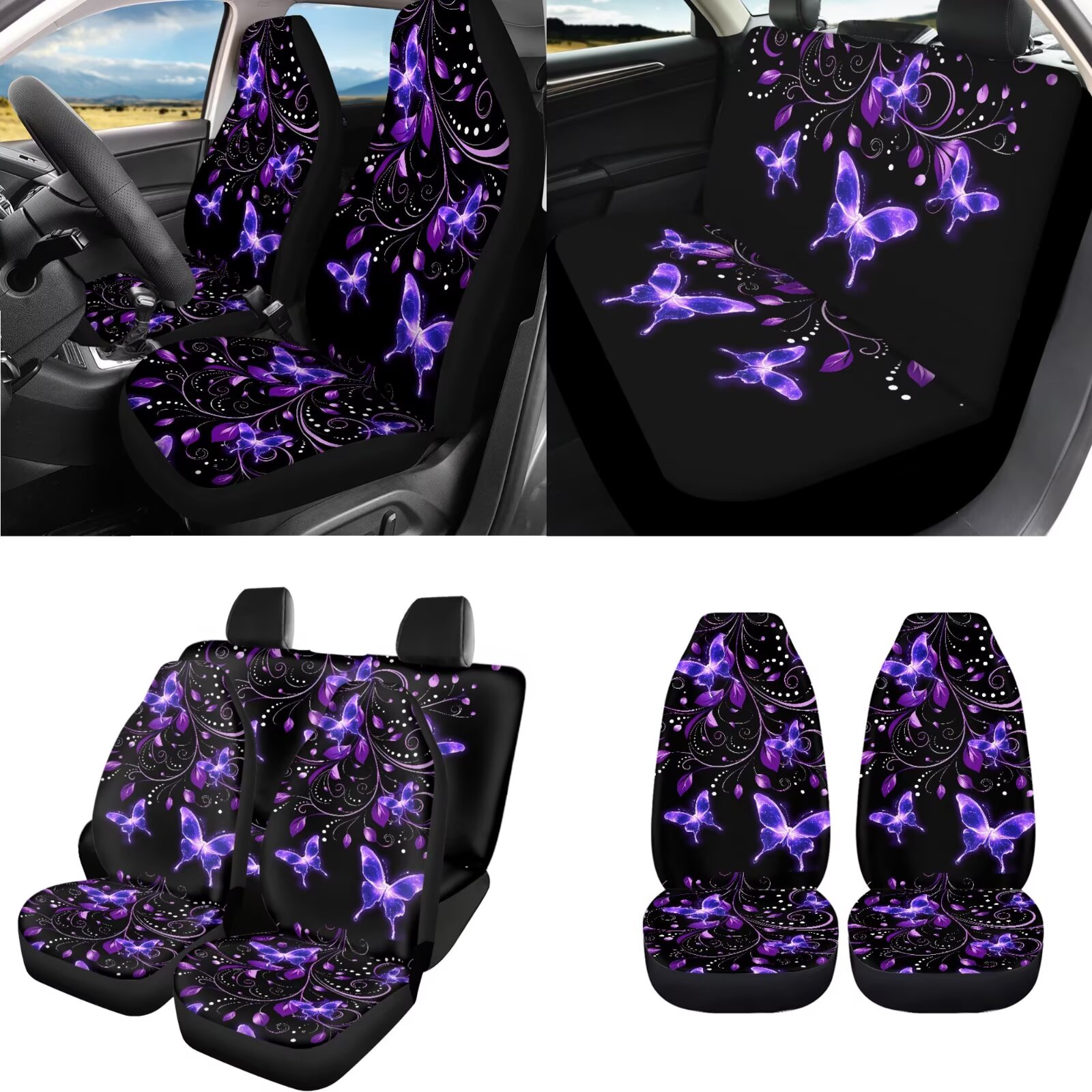 Uorisanigo Purple Butterfly 18pcs Car Seat Covers Full Set with Shoulder Strap Protector Middle Console Cover Steering Cover Headrest Protector Shift Knob Handbrake Covers Coasters Key Chains