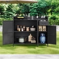 thumbnail image 2 of 47.5"W Wicker Outdoor Storage Cabinet with Tempered Glass Desktop, Weather-proof Rattan Bar Table with Three Doors, Adjustable Shelf, and One Drawer, for Outdoor Cushions, Pool Toys,Black, 2 of 22