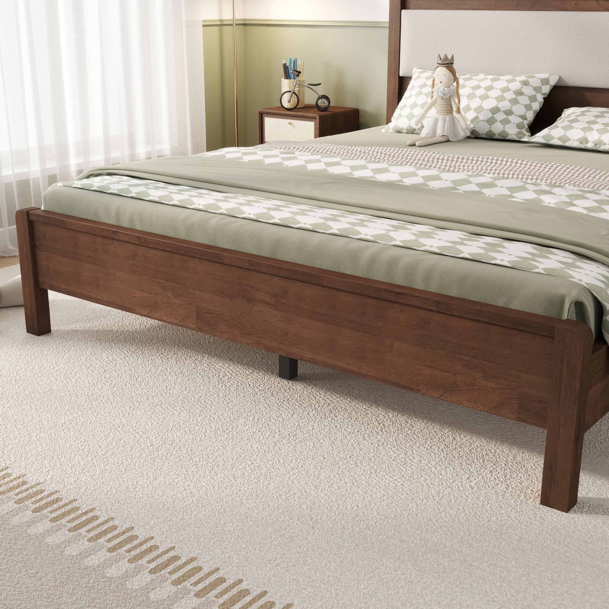 HOQBN Queen Solid Rubberwood Bed Frame with Upholstered Headboard, Reinforced Central Support Legs for Bedroom Walnut