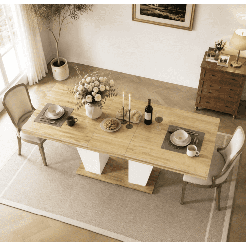 63" to 78.7" Extendable Rustic Dining Table, Mid-Century Modern Wood Kitchen Table with Storage Shelves, Seats 8-10, Natural & White
