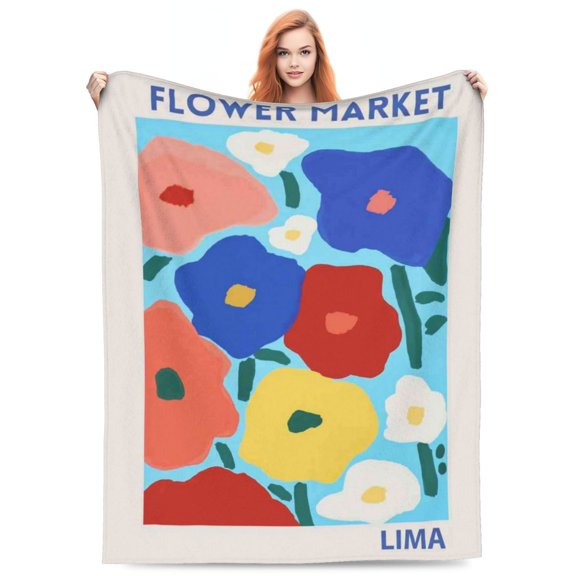 Floral Fuzzy Blanket Watercolor Flower Throw Blanket Colorful flower market Soft Cozy Flannel Blanket for Home Bed Sofa Couch Chair