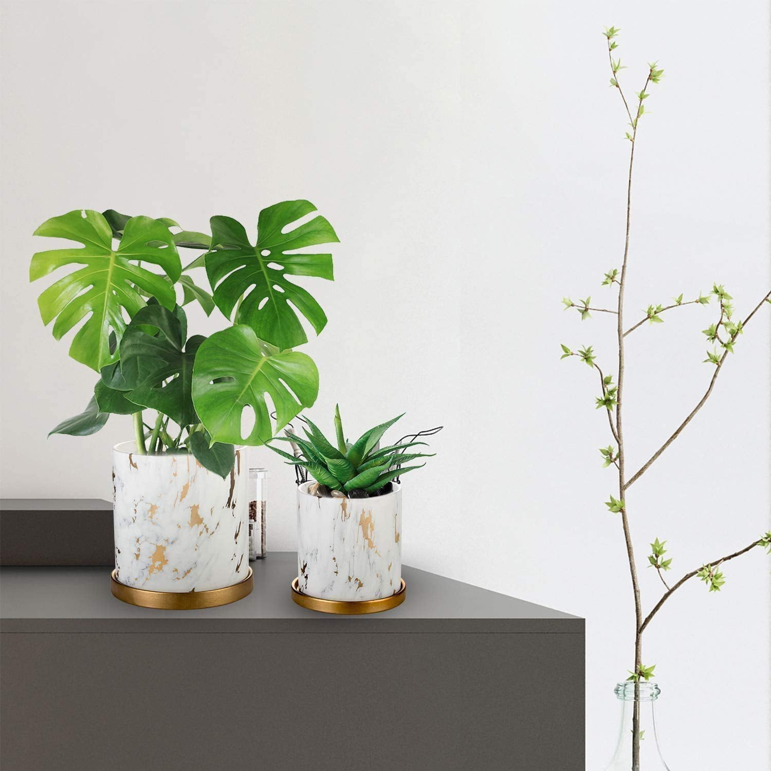 EHWINE Flower Plant Pots, 5.3 Inch +4.2 Inch Indoor Ceramic Flower Pots Modern Marble Look Scrub Pots with Drainage Hole and Ceramic Tray for Flowers/Plants/Succulents