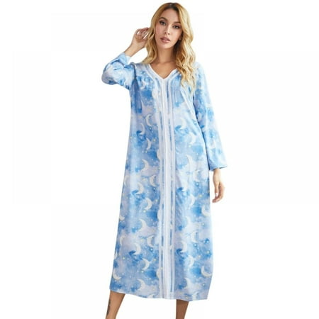 

WBQ Women s Long Nightgown 3/4 Sleeve V-Neck Nightshirt Printed Lightweight Pullover Nightdress Full Length Sleepdress House Lounge Dresses Loose Housecoat S-2XL