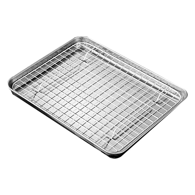 BINGLI Baking Sheet Pan with Cooling Rack, Stainless Steel Toaster Oven Tray Pans with Grid Racks, Rectangular Bakeware for Cookie/Bacon, Heavy Duty & Rust-free, Dishwasher Safe