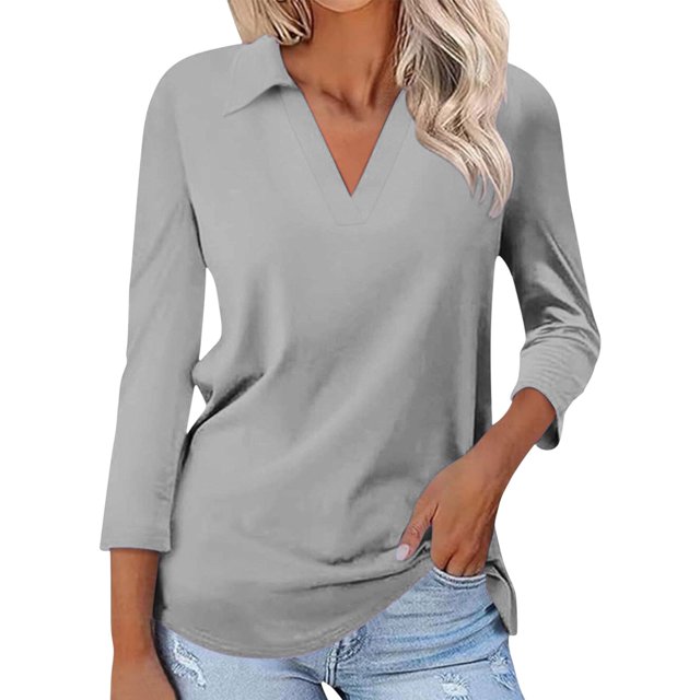 WTXUE T-Shirts à Manches Longues, Chandails à Col Rond pour Femmes à Manches 3/4 T-Shirts d'Été à Col en V Chemises à Col en Coton Uni, T-Shirts Chemises en Lin Hauts Décontractés pour Femmes Gris TG