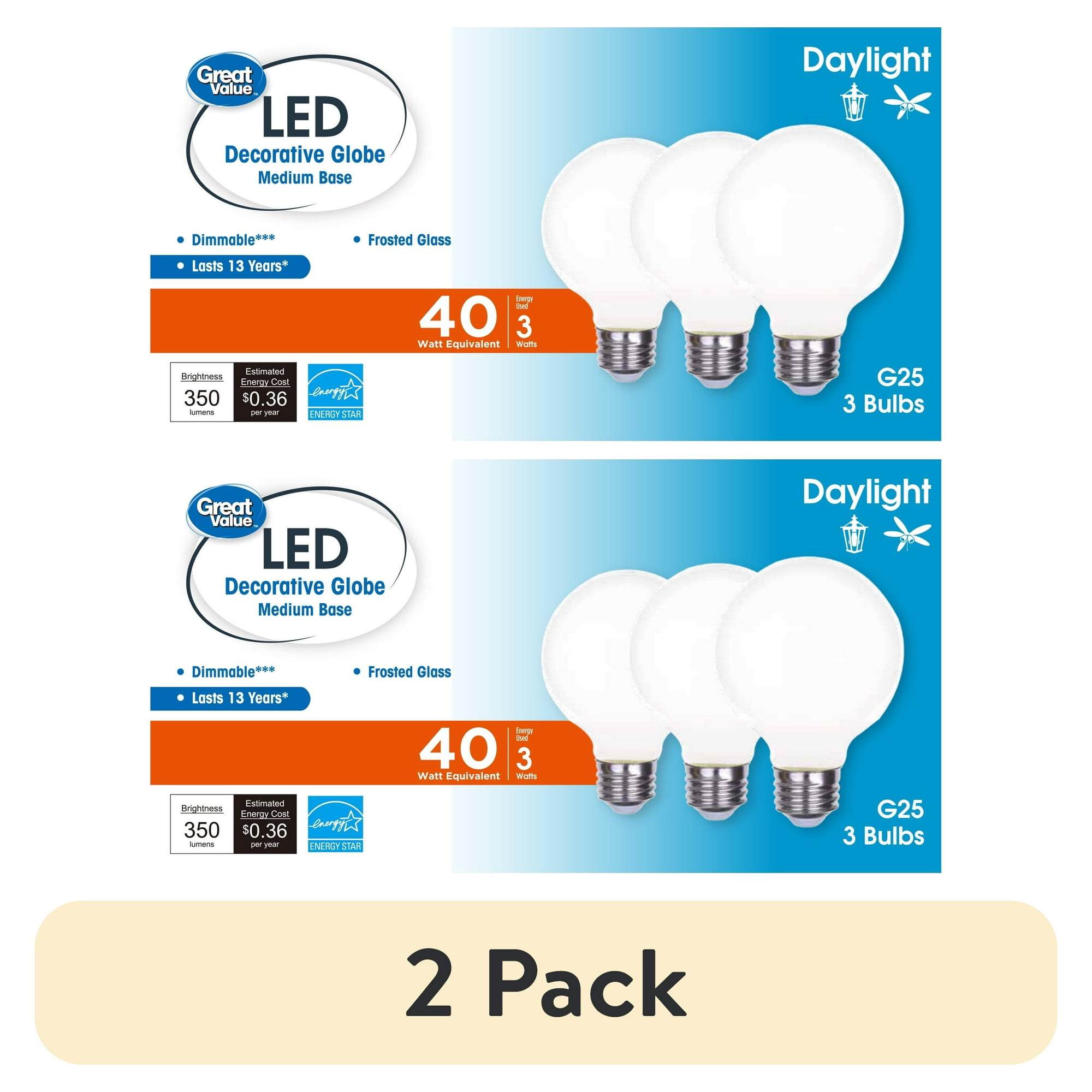(2 pack) Great Value G25 LED Decorative Globe Bulb, 3 W (40W Equivalent), Daylight, E26 Base, Dimmable, 3 Pack