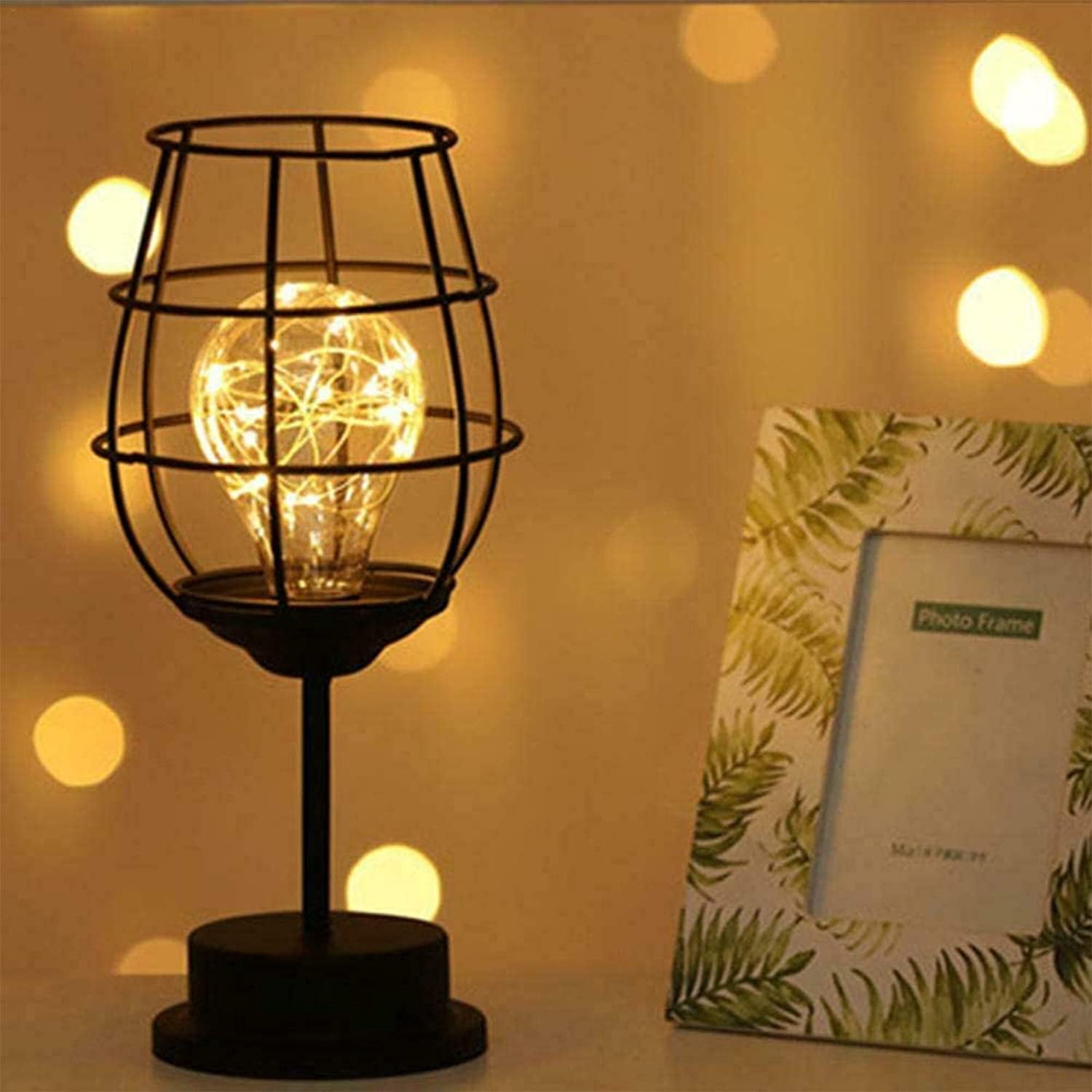 Lampe de Table Décorative, Lampe de Table Rétro, Style Cage, Veilleuse, Rétro, à Piles, Lampe de Bureau pour Chambre [Classe Énergétique A](Verre à Vin Rouge)