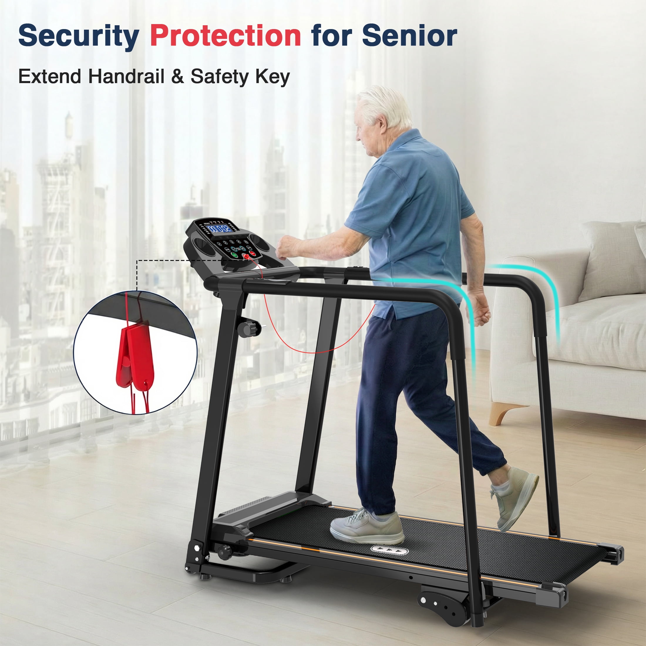 Hapycity Foldable Walking Treadmill for Seniors with Long Handrails & 0%-2% Incline, 300 lb Capacity for Home Recovery Fitness Exercise Machine
