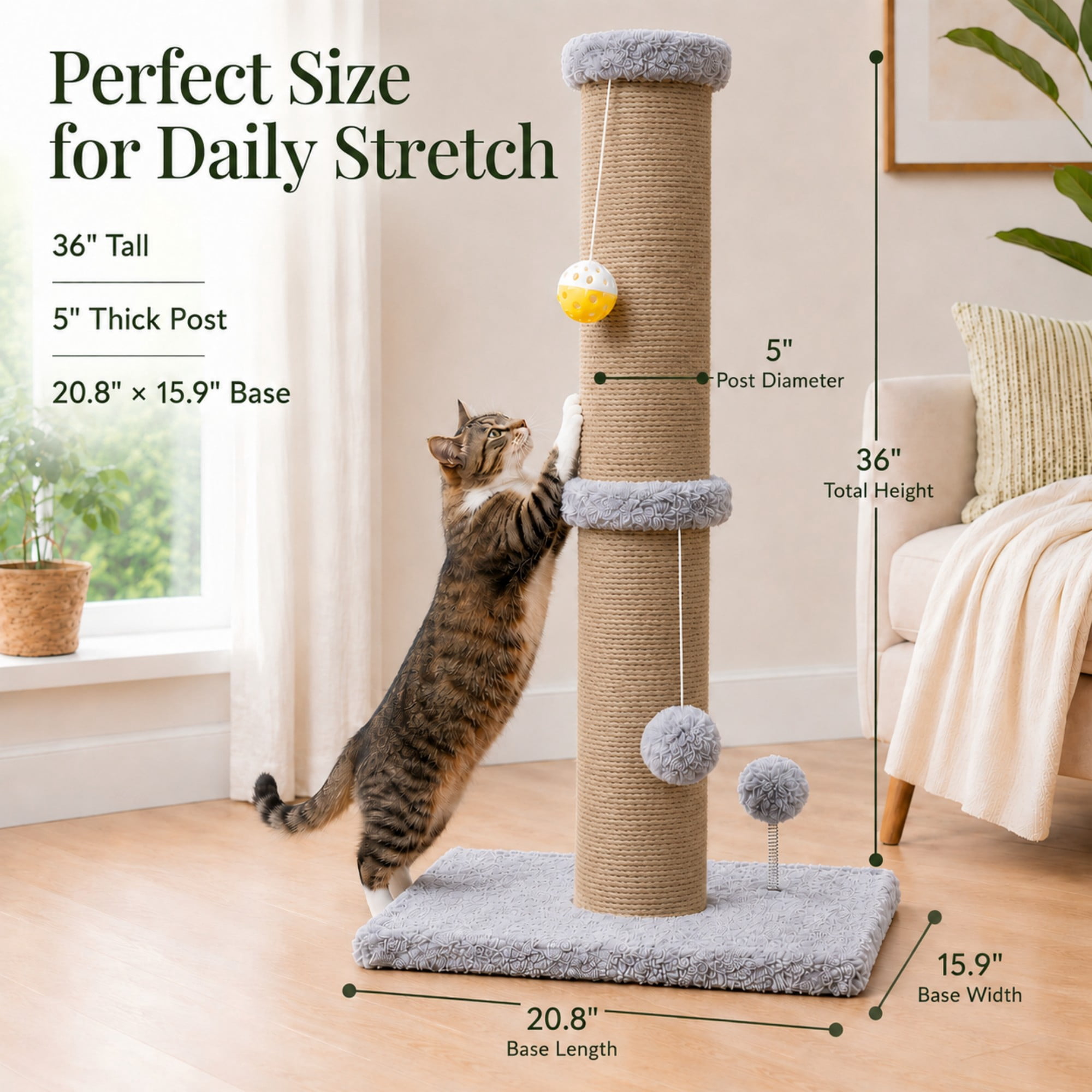 PELUOMOZ 5-Inch Thick Sisal Cat Scratching Post with Top Platform and Extra-Stable Base, Gray