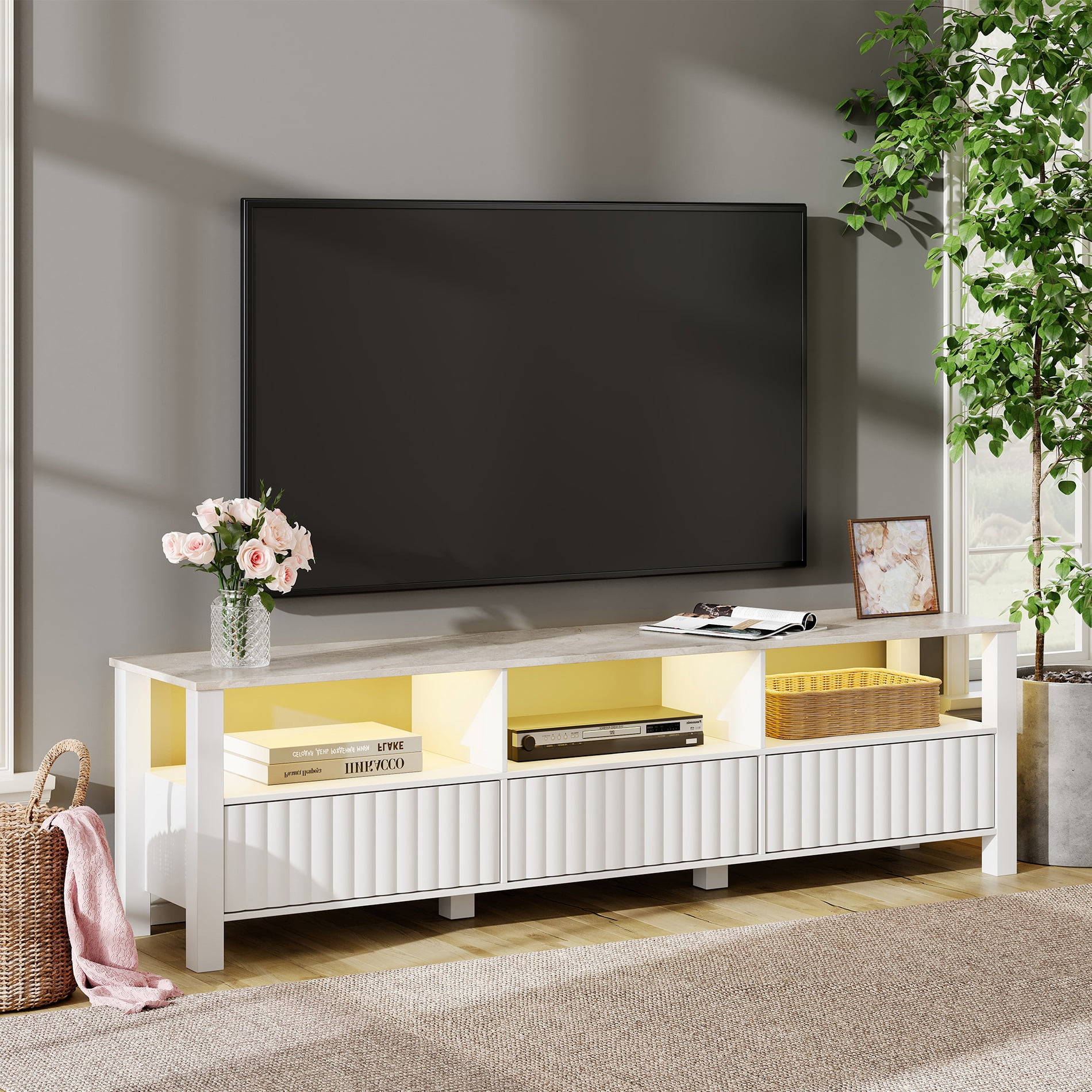 FITUEYES White TV Stand for 85 inch TV Modern Entertainment Center with LED Light Storage Cabinet Suitable for 75 80 90 inch TV