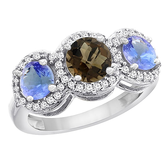 14K White Gold Natural Smoky Topaz & Tanzanite Sides Round 3-stone Ring Diamond Accents, size 10