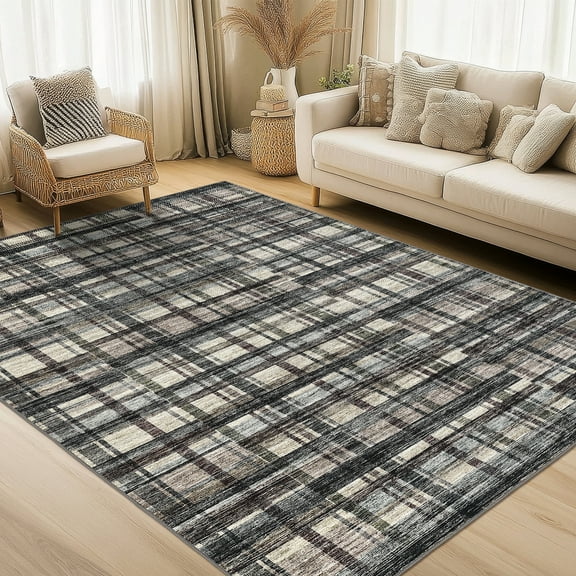 HOMERRY 8' x 10' Washable Bedroom Rug Geometric Plaid Area Rug Soft Non Slip Low Pile Carpet, Green/Brown