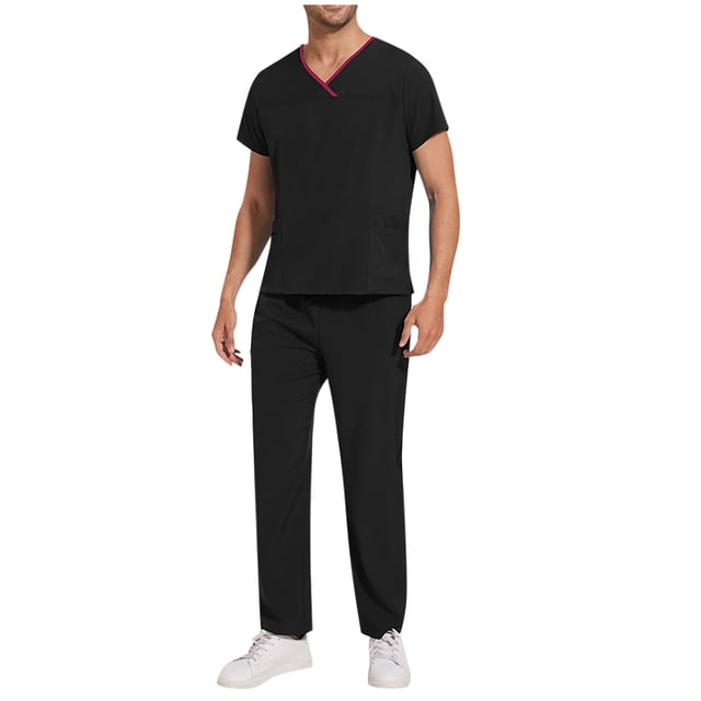 Penkiiy Scrubs Set para hombres, Classic V-Neck Stretch Top& Pantalones rectos Yoga Waistband L Negro