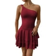 thumbnail image 3 of Women'S One Shoulder Smocked Shirred Tiered Ruffle Sleeveless A-Line Mini Dress Wine Red XS, 3 of 8