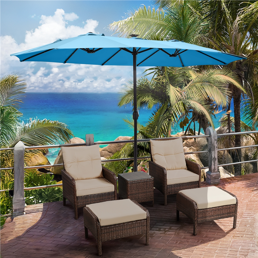 Renwick 13ft Large Patio Umbrella with Solar Lights & Base, Sky Blue