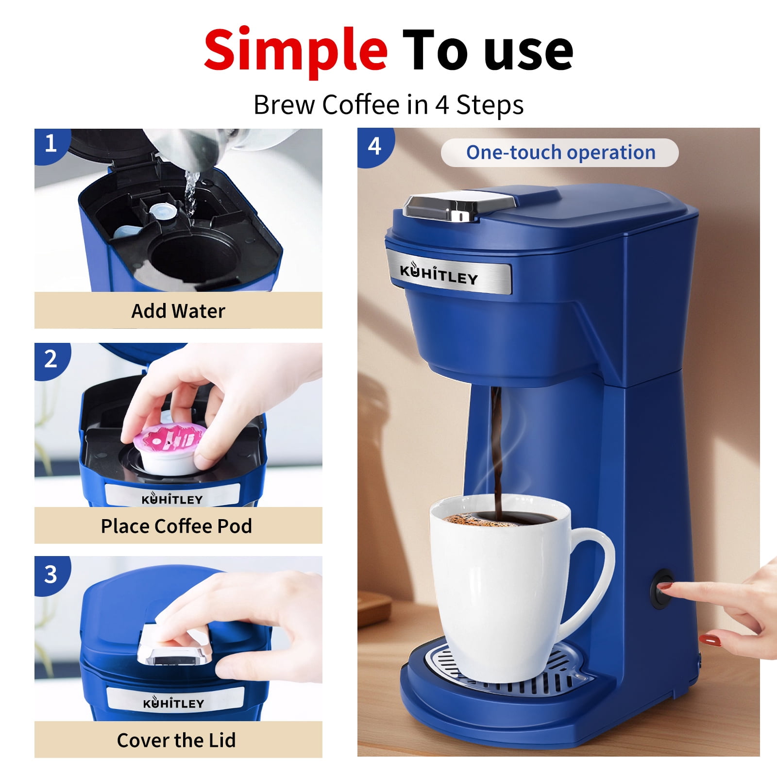 2 in 1 Single Serve Coffee Maker for K Cup Pods & Ground Coffee, Mini K Cup Coffee Machine with 6 to 14 oz Brew Sizes, Single Cup Coffee Brewer with One-Press Fast Brewing, Reusable Filters,Blue