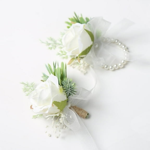 Bopika Ivory Rose Wrist Corsage & Boutonniere Set, Wedding Flower Wristlet for Bride & Groom, Prom Corsage Bracelet