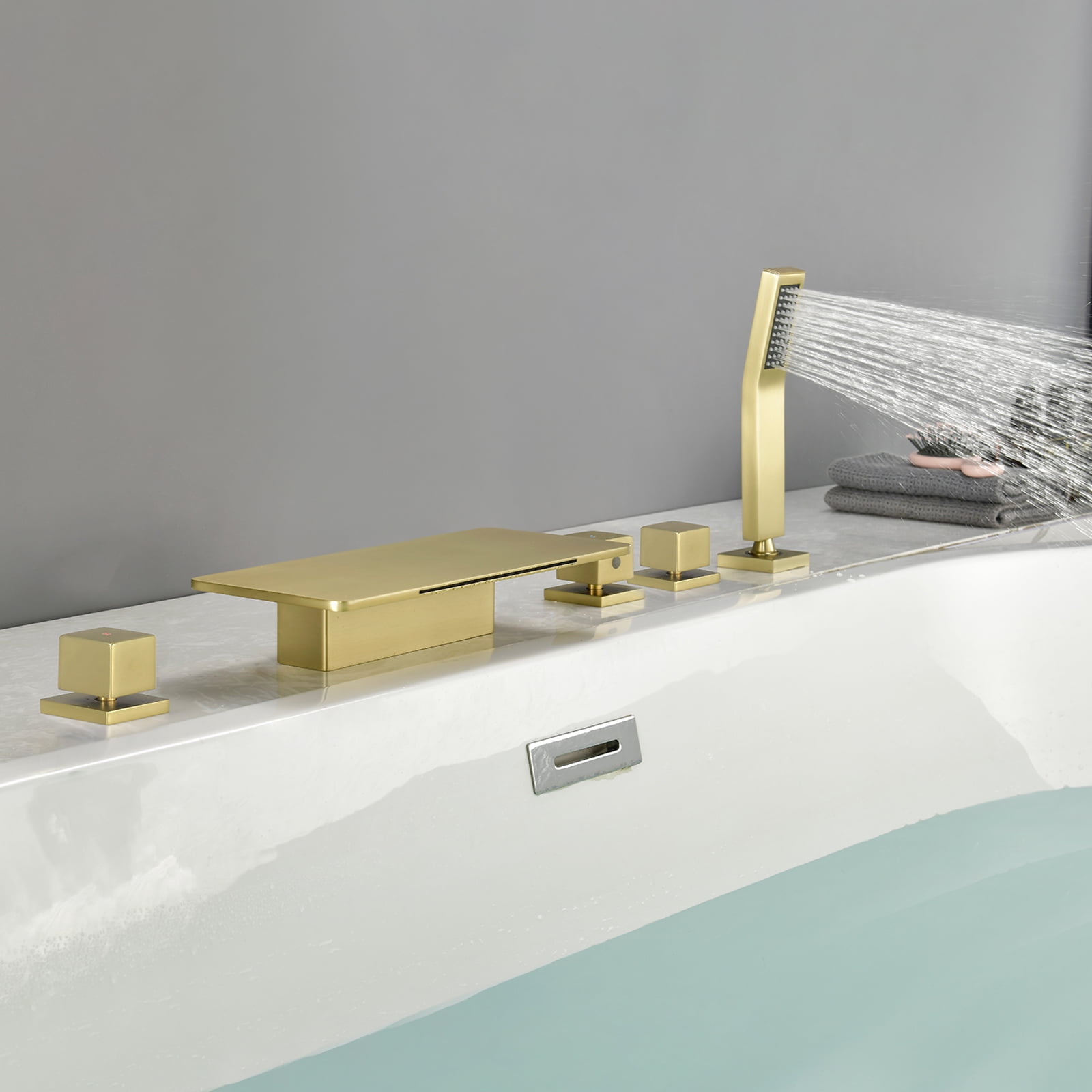 Cobbe 5-Hole Mount Brushed Gold Waterfall Bathroom Bathtub Faucet Set with 11.02-Inch Wide Bathtub Spout, Handheld Sprayer