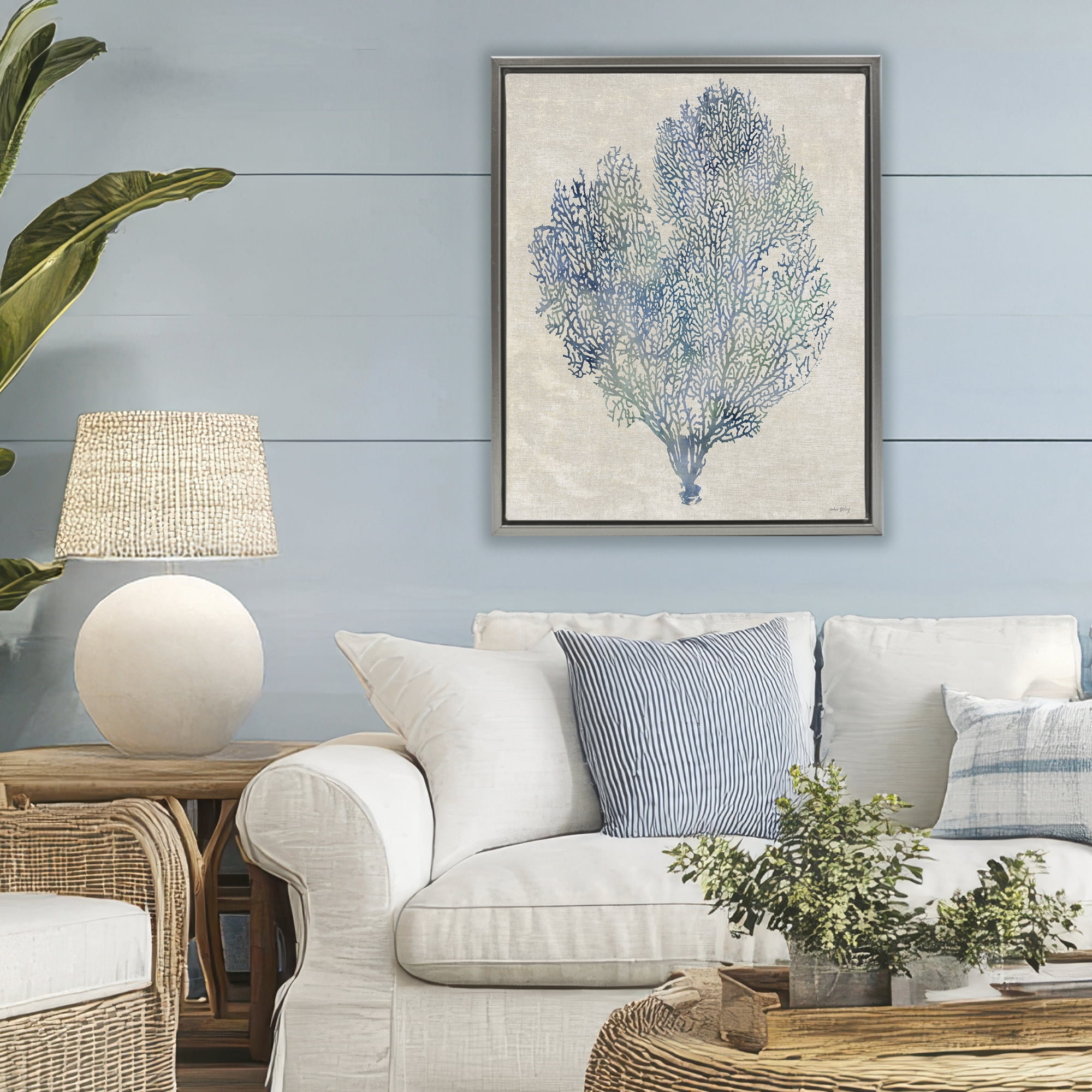 Stupell Industries Fan Coral in Blue & Green Gray Framed Floater Canvas Wall Art, design by Amber Sterling