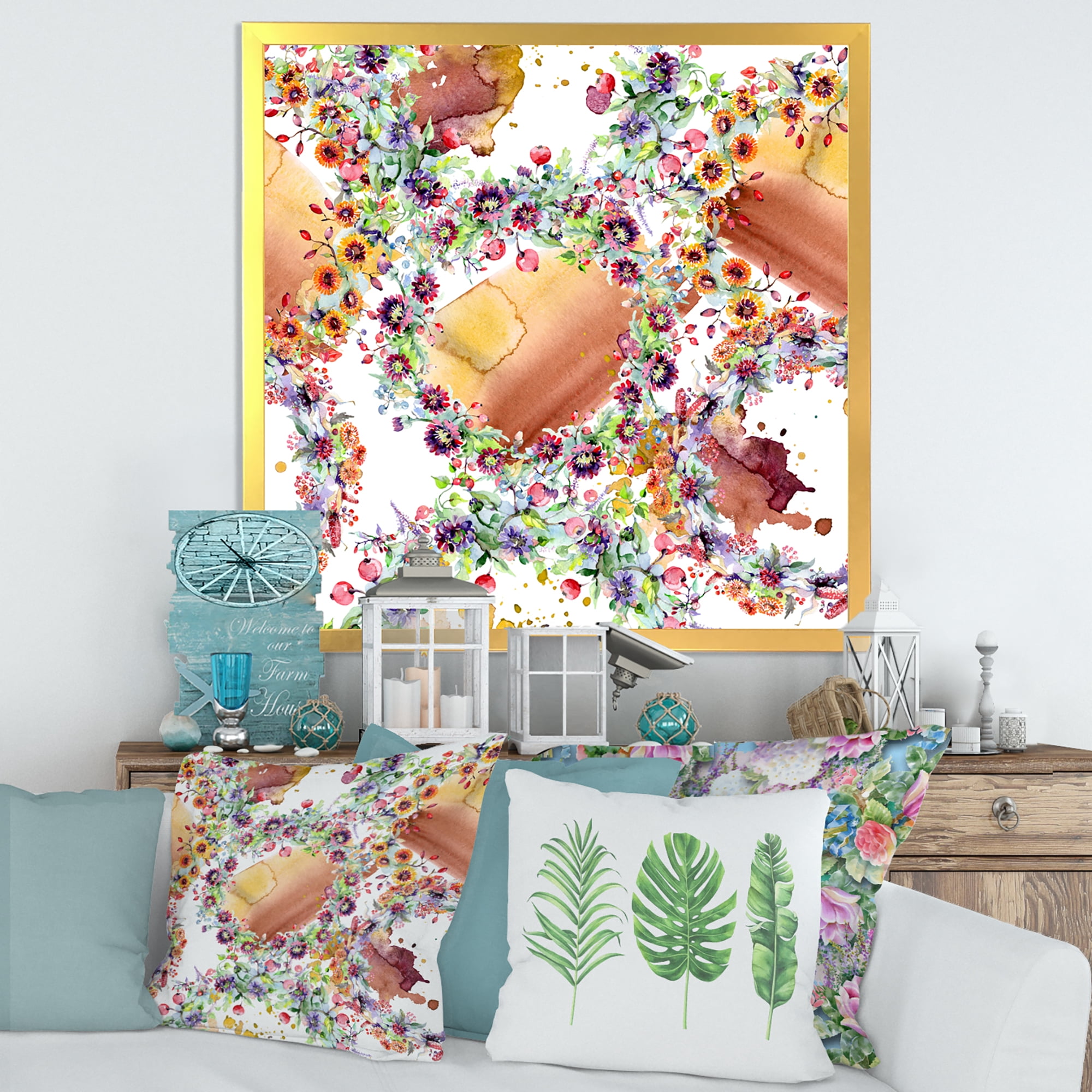 Designart 'Vibrant Wild Spring Leaves, Berries and Wildflowers' Modern Framed Art Print