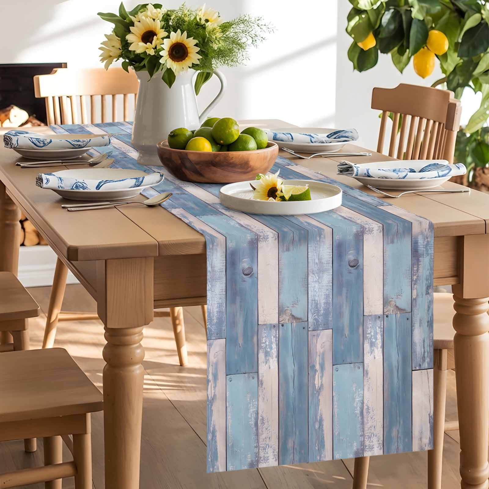 Blue Vintage Wood Grain Table Runner 90 Inches Long, Abstract Farmhouse Wooden Table Runners Tabletop Scarf Kitchen Dining Tables Decoration for Home Party Indoor Outdoor