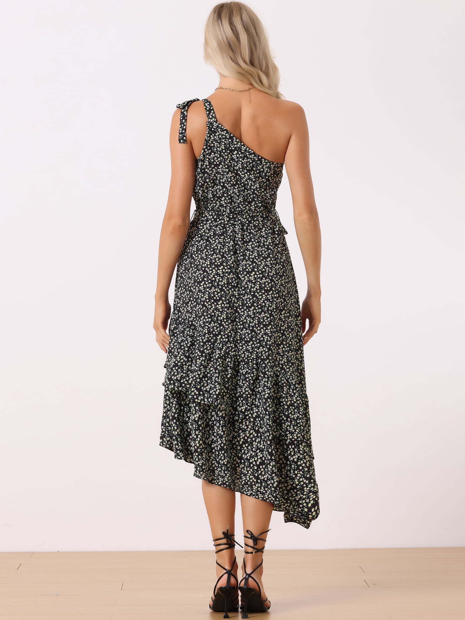 Unique Bargains Women's Sleeveless Layered One Shoulder Tie Floral Midi Dress S Black