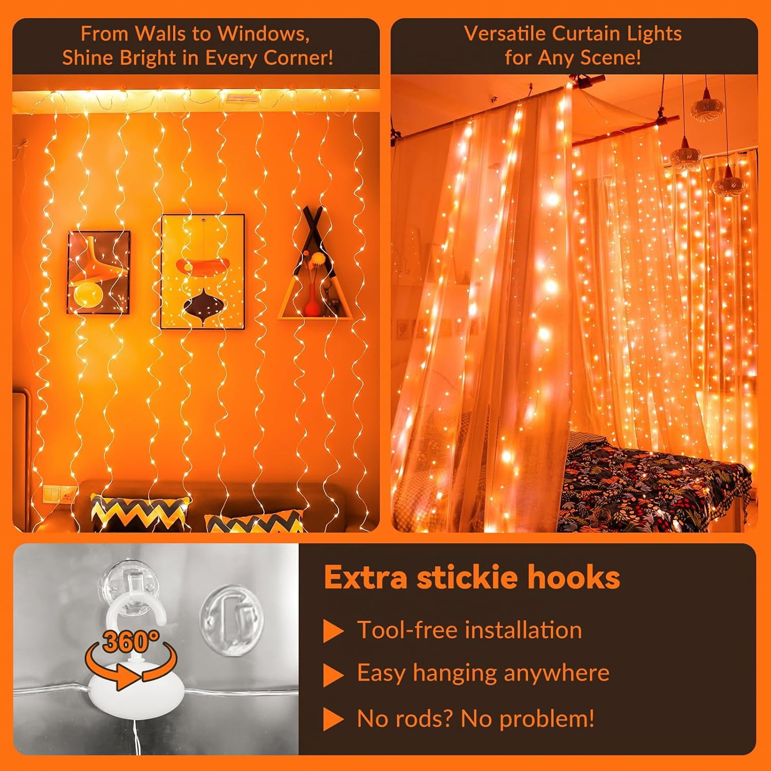 300LED Orange Fairy Curtain Lights with Remote Control, 8 Modes Timer, USB Plug-in Christmas String Lights for Bedroom, Fall, Halloween, Weddings, Party Decorations