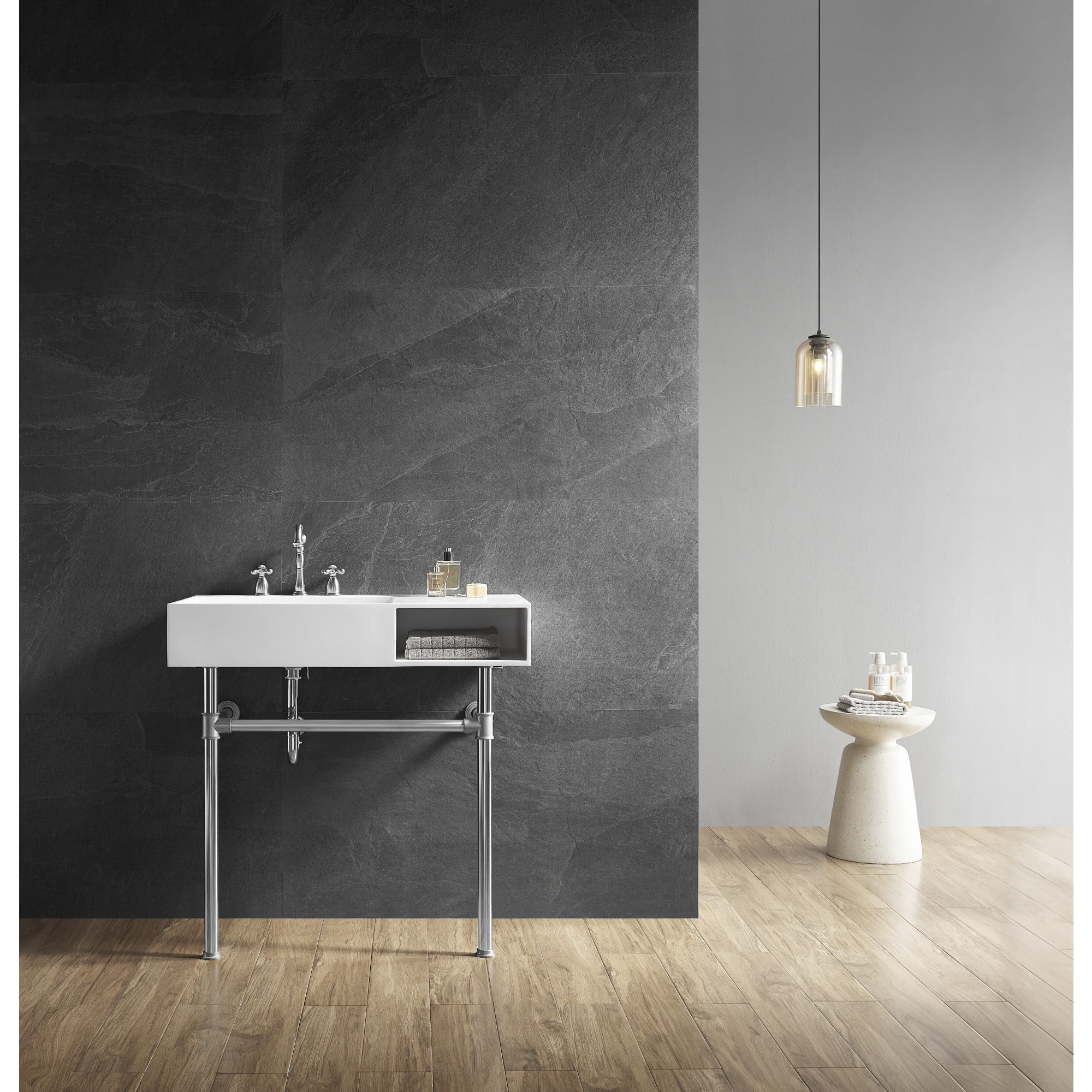 Kingston Brass KVPB3368SQA1 Aurelius 36-Inch Solid Surface Console Sink with Stainless Steel Legs (8-Inch, 3-Hole) in Matte White/Polished Chrome