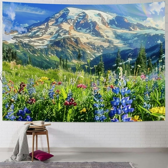 PRATYUS Mount Rainier Tapestry Beautiful Wildflowers Tapestry for Bedroom Aesthetic Cascade Mountain Landscape Pictures Nature Wilderness Scenery Tapestries Wall Hangings for Room 40x30inch