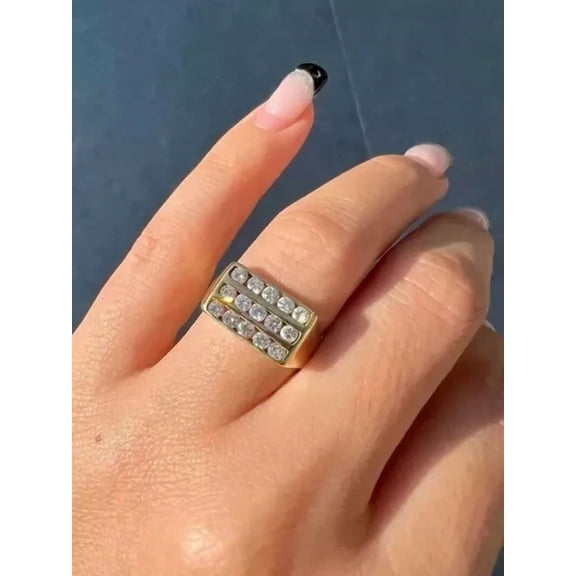 14k Yellow Gold Plated 2CT Round Cut Simulated Diamond Wedding Ring Men's Three Row 925 Sterling Silver