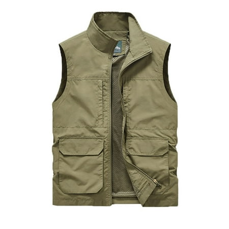 JUUYY Men s Utility Fishing Vest Summer Stand Collar Outdoor Safari Travel Cargo Solid Color Vests with Multi-Pockets Khaki XXXL