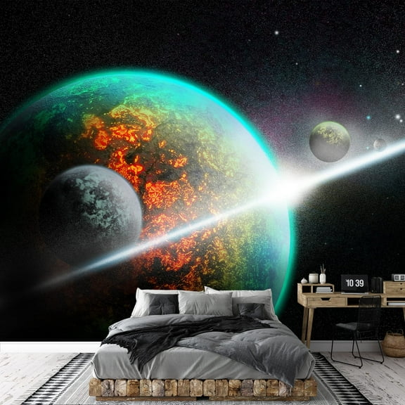 wall26 - Fence and Trees Silhouettes with Moon and Stars on The Dark Sky - Removable Wall Mural | Self-Adhesive Large Wallpaper - 66x96 inches