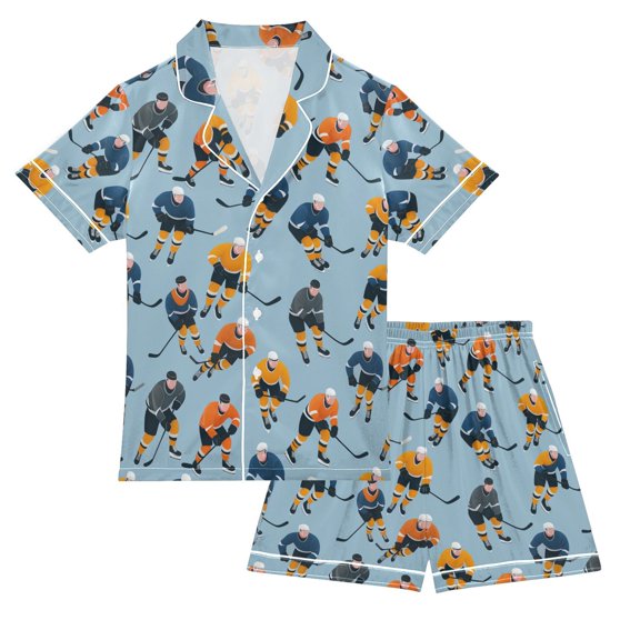 FORMRS Niños Short Sleeve Top and Pants Pajama Set Unisex Satin 2-Piece Sleepwear, Sizes 5-6Y, Cartoon Hockey Pattern