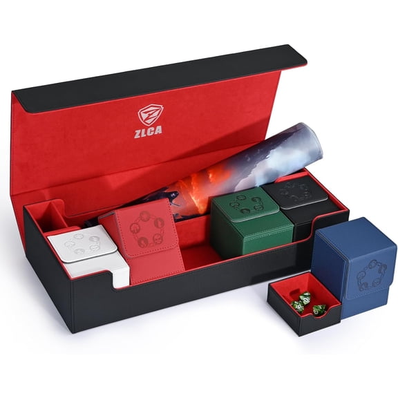 6 in 1 Card Deck Box with MTG Playmat, Premium Storage Box Including 5 MTG Deck Boxes Holds 2400 Trading Cards, Large TCG Card Case for Magic, Yugioh, Sports Cards (Black&Red Kit)