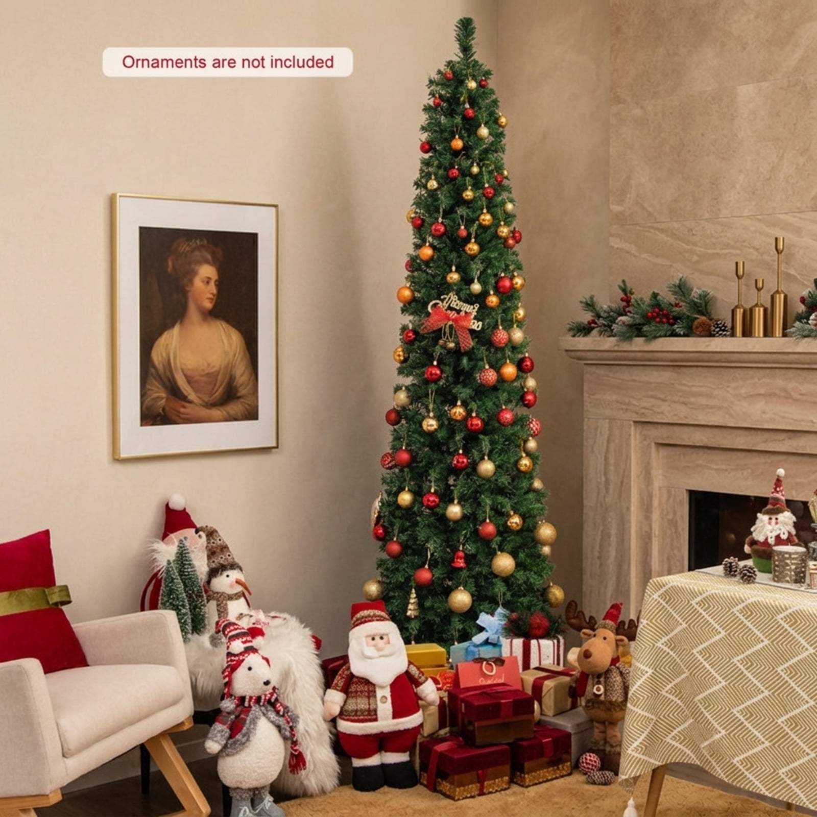 RUIE 8 ft Pre-Lit Pencil Christmas Tree, Slim Green Artificial Xmas Tree with Fiber Optic Lights and 889 Branch Tips for Corners
