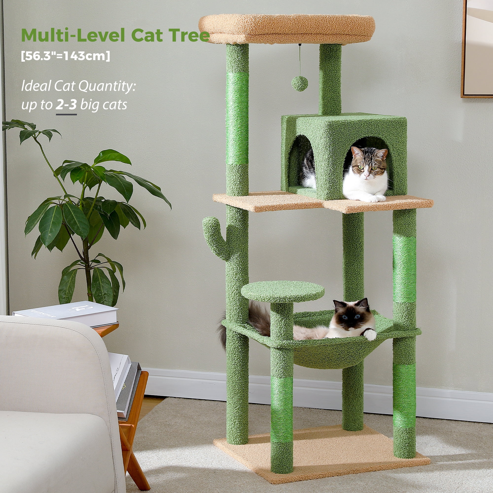 PAWZ Road Cat Tree 56" Sisal Scratching Posts Tower with Large Perch Hammock for All Indoor Cats,Green