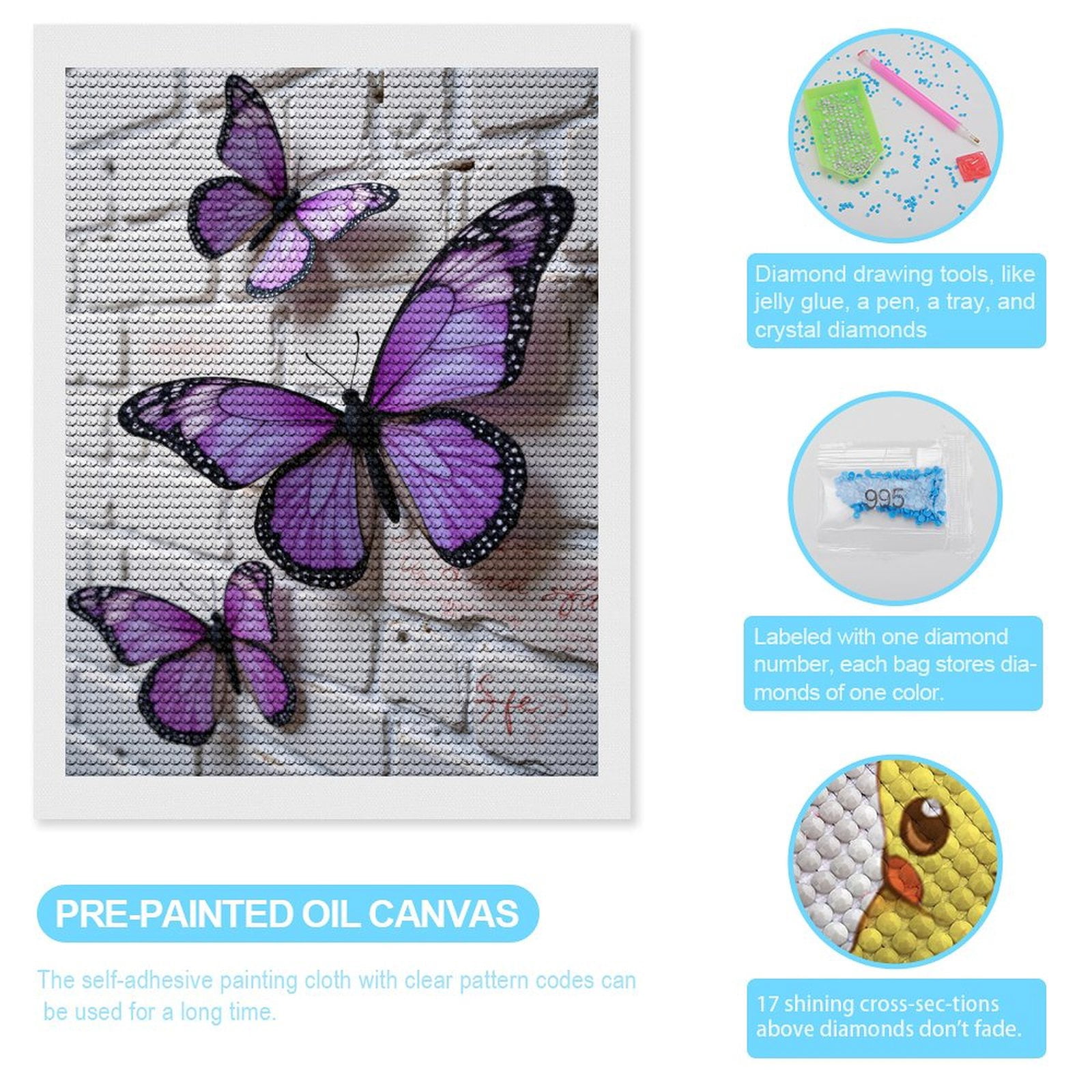 Diamond Art Kits for Adults - Purple Butterflies On White Wall 5d Diamond Painting for Adults, Diamond Art for Adults Beginners, Frameless Diamond Painting Kits for Adults for Home Wall Decor