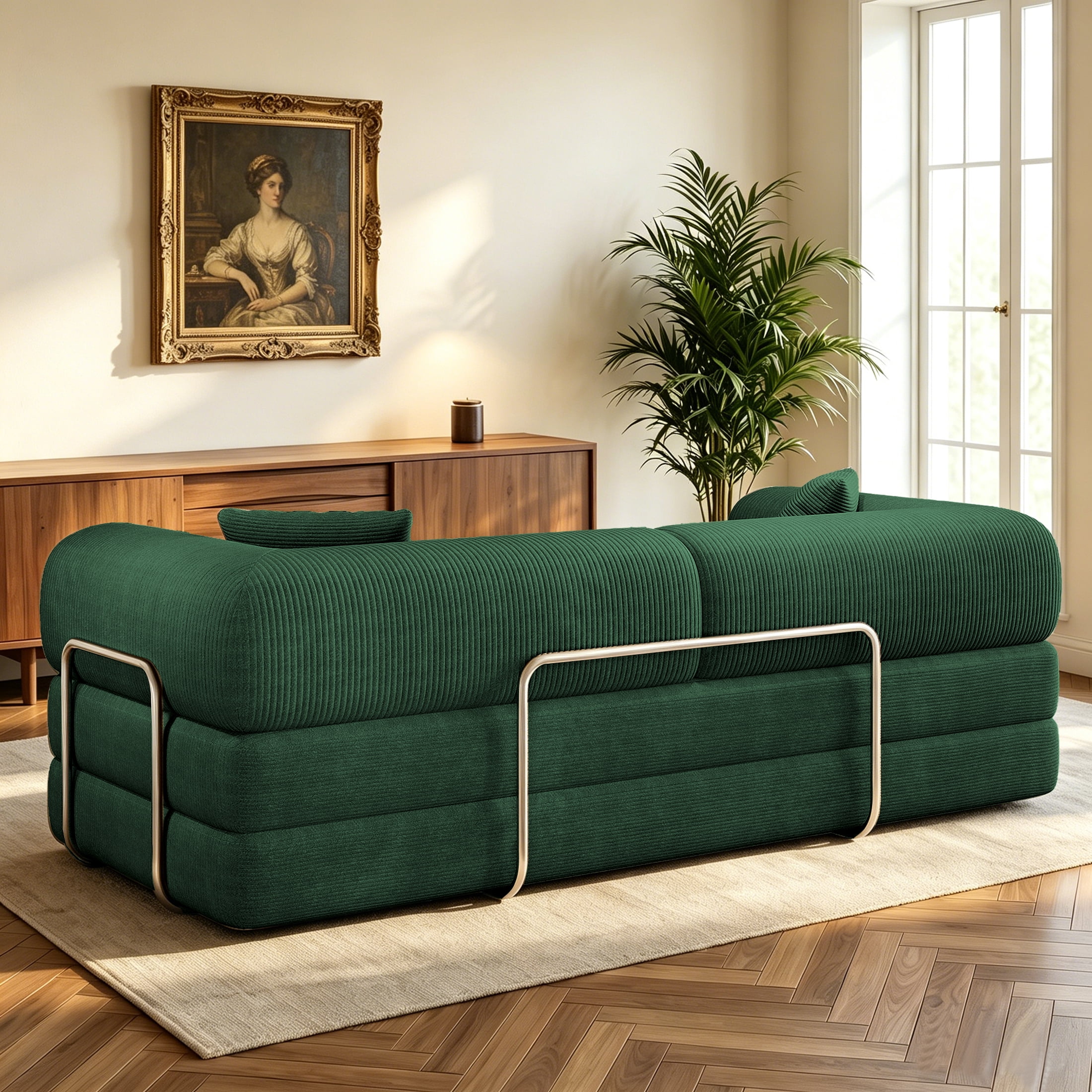 AISWORD Convertible Sleeper Sofa Bed with Cylindrical Pillow, Corduroy Folding Mattress Couch with Fixed-Shape Frame, Floor Sofa Lounge Couch, Green