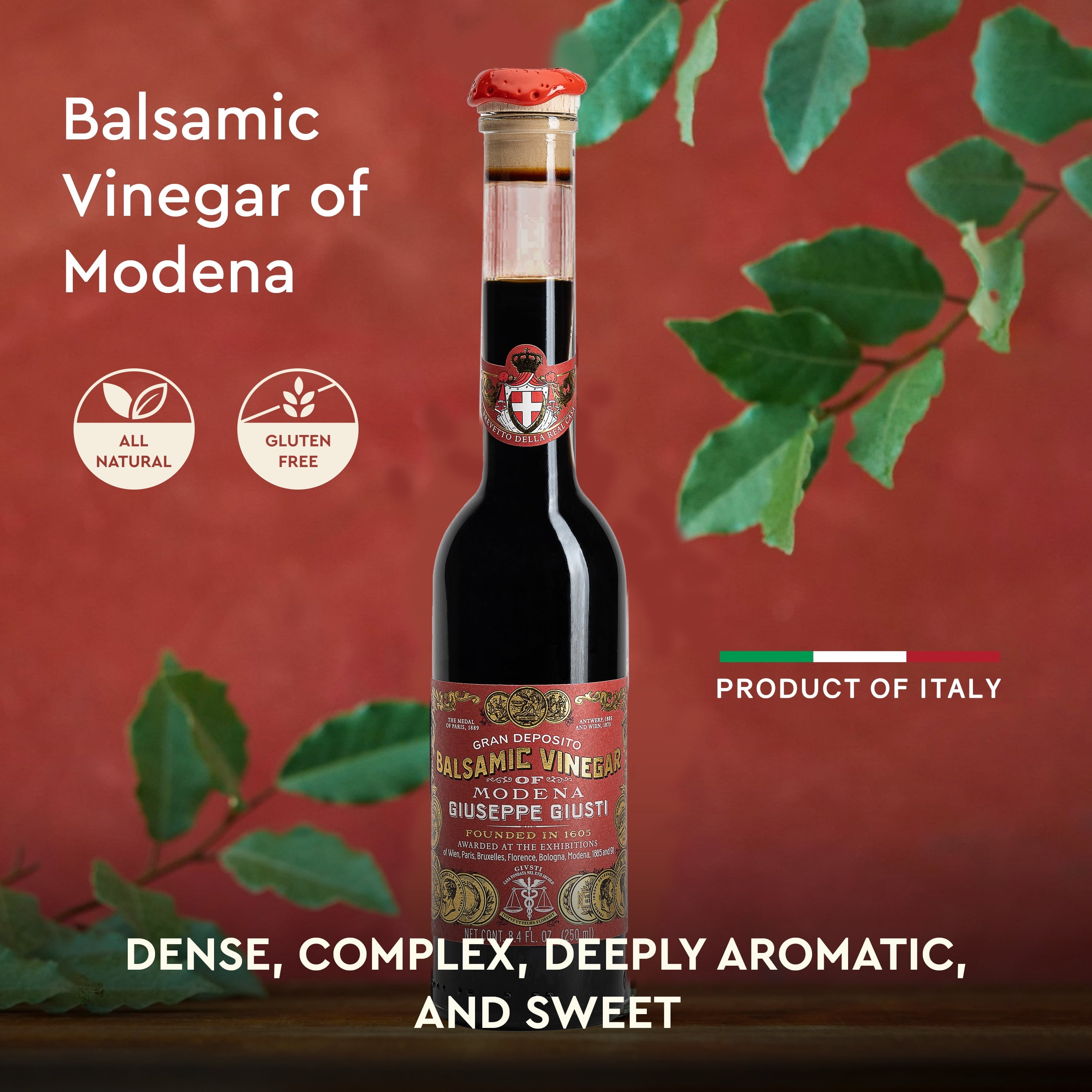Giusti Balsamic Vinegar of Modena IGP – 3 Gold Medals Gran Deposito, Matured & Thick Authentic Italian Gourmet Aceto Balsamico di Modena, with Pourer – 8.45 fl oz (250 ml) - Pack of 2