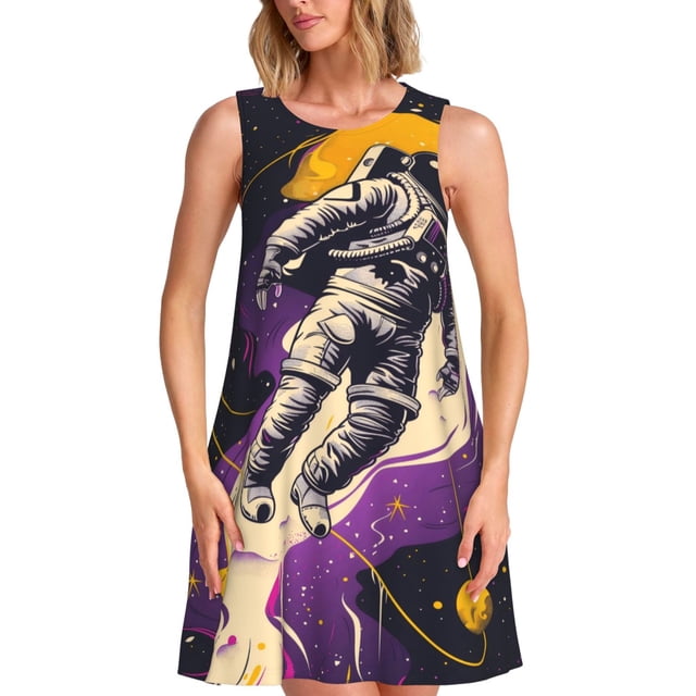 Easygdp Astronaut Floating purple Space para Vestido Transpirable de Mujer, Vestido Suelto de Manga Corta con Pliegues y Bolsillos para el Verano