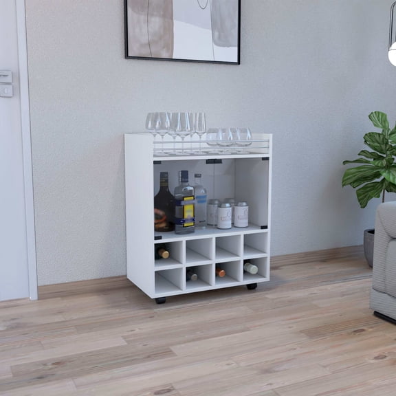 Kitchen Carts, 32" H white bar- coffee cart, Kitchen or living room cabinet storage with 4 wheels, with 8 bottle racks, a central shelf covered by 1 glass door, ideal for storing glasses and snacks