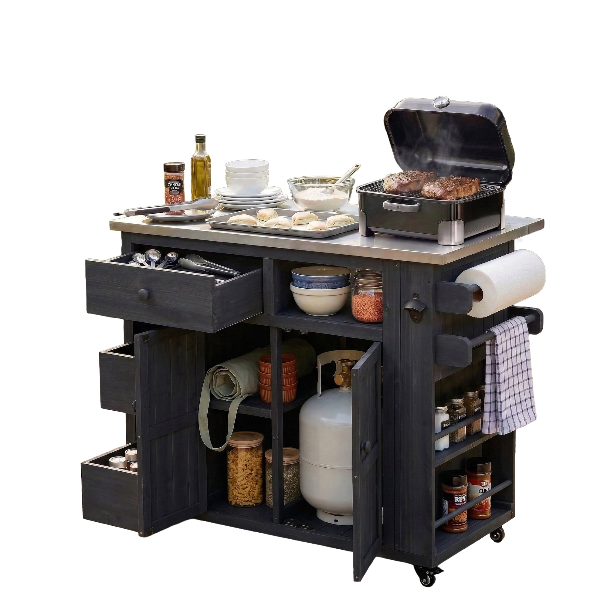 RIGO Outdoor Kitchen Island, Stainless Steel Extendable Grill Cart Solid Wood Rolling BBQ Prep Table with Storage Lockable Wheels for Patio Backyard Black