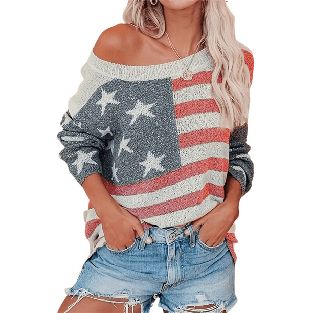 Suéter con Bandera Estadounidense para Mujer, Sudadera de Punto, Larga, Holgado, para Invierno y Otoño, Color S