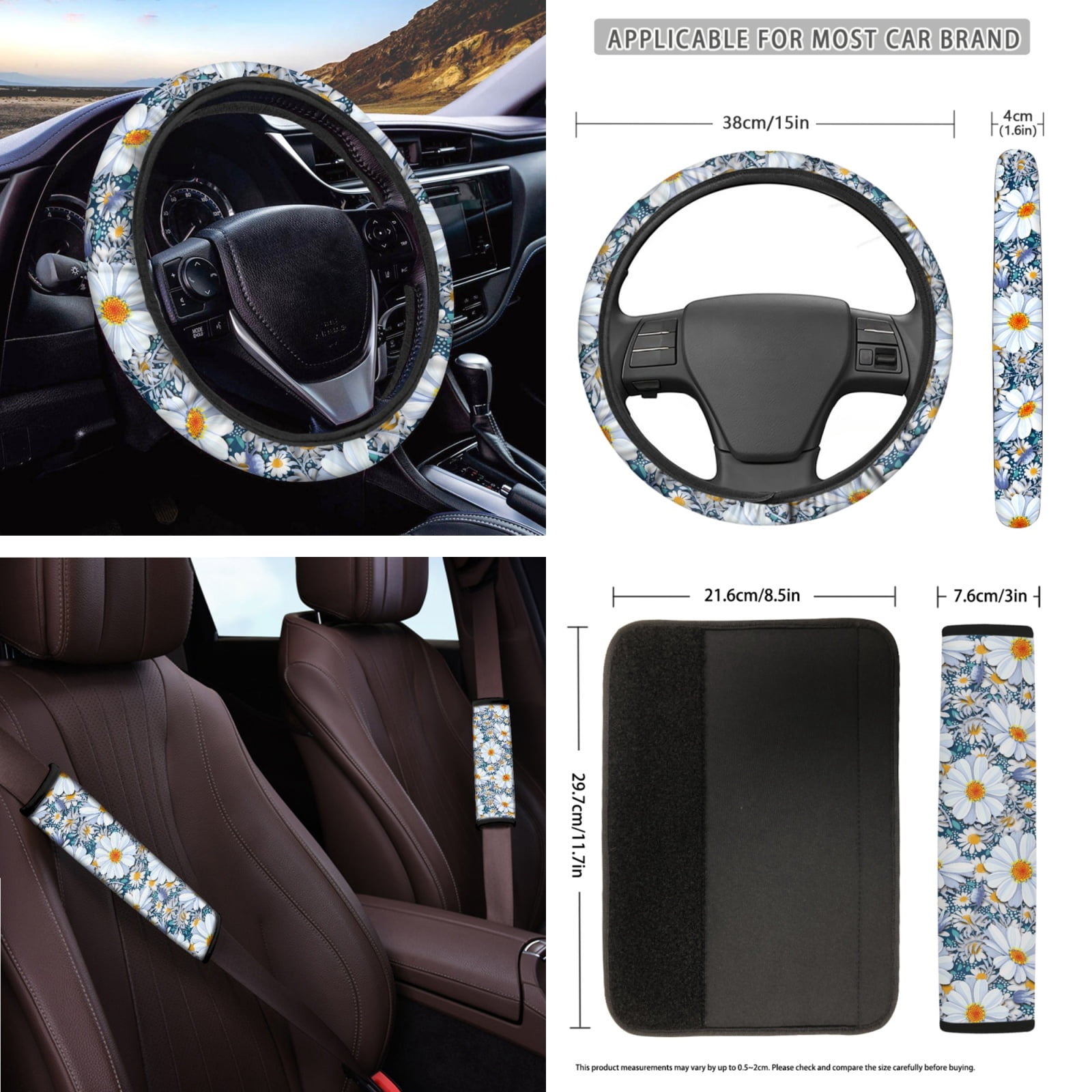 Yuyamidu Daisy Car Seat Covers Set of 16 Floral Steering Wheel Cover Handbrake Cover Gear Shift Knob Cover Seat Belt Covers Car Windshield Sun Shade Rear View Mirror Cover Coasters Key Chain