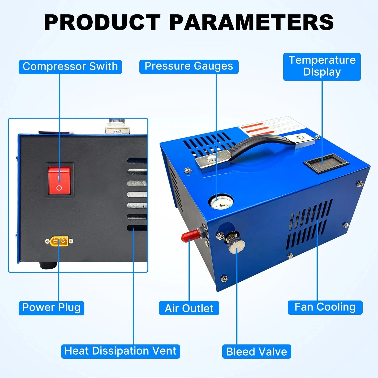 iMeshbean PCP Air Compressor, 4500PSI Portable PCP Compressor, 12V DC/110V 220V AC, PCP Manual-stop, w/Built-in Fan, for Paintball, Scuba Bottle