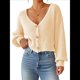 thumbnail image 3 of Suéter Tipo Cárdigan Corto de Punto Acanalado con Cuello en V y Larga para Mujer Albaricoque XL, 3 of 9